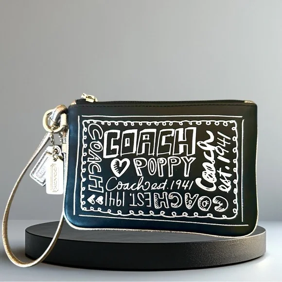 Coach Poppy Black & Gold Bag Convertible Wristlet With Metal & Leather Hang Tags - Picture 7 of 11